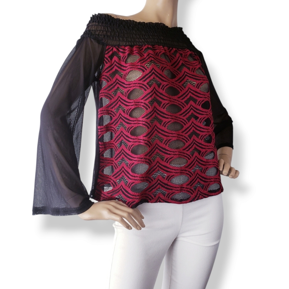 Top Chic Red & Black Sheer Mesh Off Shoulder Bell Sleeve Blouse Size Small